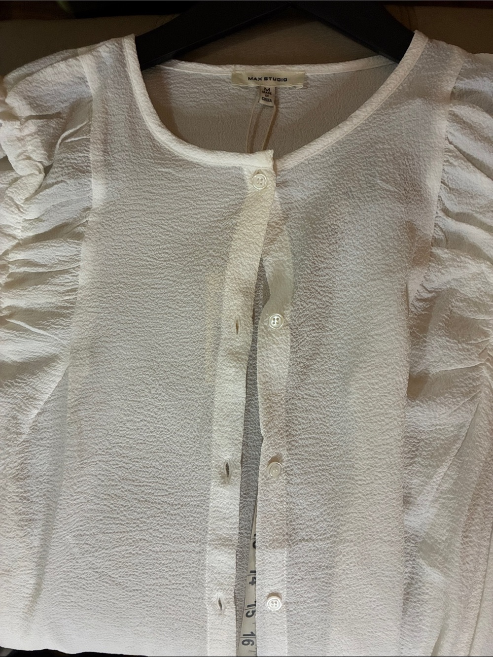 Max Studio White Textured Button-Down Blouse with Ruffle Shoulders